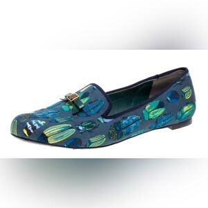Tory Burch Blue Green Bug Printed Chandra Logo Bow Loafers Flats size 7